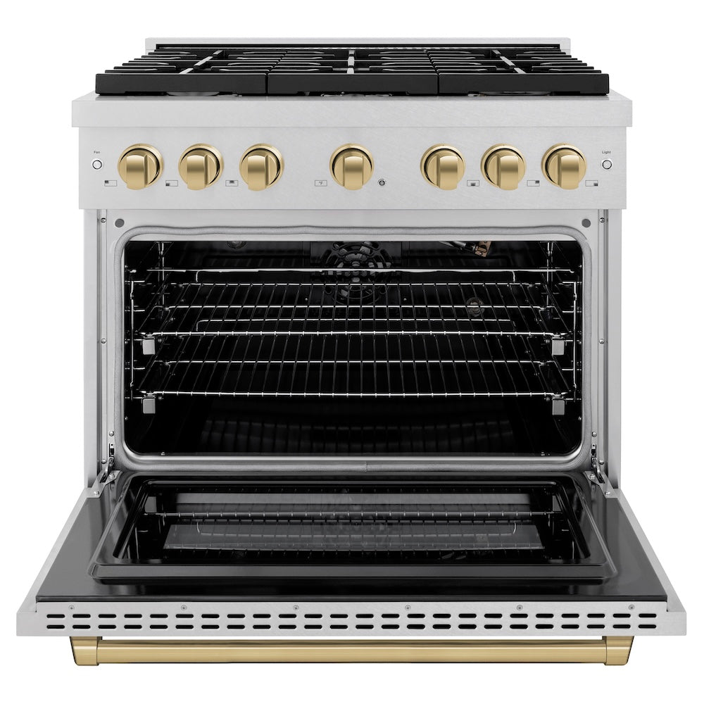 ZLINE Autograph Edition 36 in. 5.2 cu. ft. Paramount Gas Range with 6 Burner Cooktop and Convection Gas Oven in Satin Stainless Steel and Champagne Bronze Accents (SGRSZ-36-CB) front, oven open.