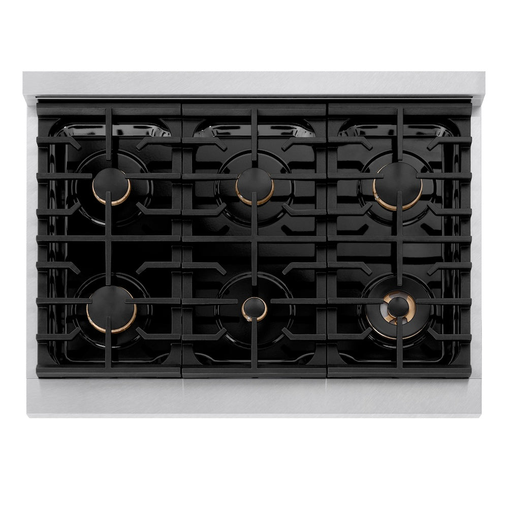 ZLINE Autograph Edition 36 in. 5.2 cu. ft. Paramount Gas Range with 6 Burner Cooktop and Convection Gas Oven in Satin Stainless Steel and Champagne Bronze Accents (SGRSZ-36-CB) top-down, above cooktop.