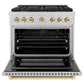 ZLINE Autograph Edition 36 in. 5.2 cu. ft. Paramount Gas Range with 6 Burner Cooktop and Convection Gas Oven in Satin Stainless Steel and Polished Gold Accents (SGRSZ-36-G) front, oven open.
