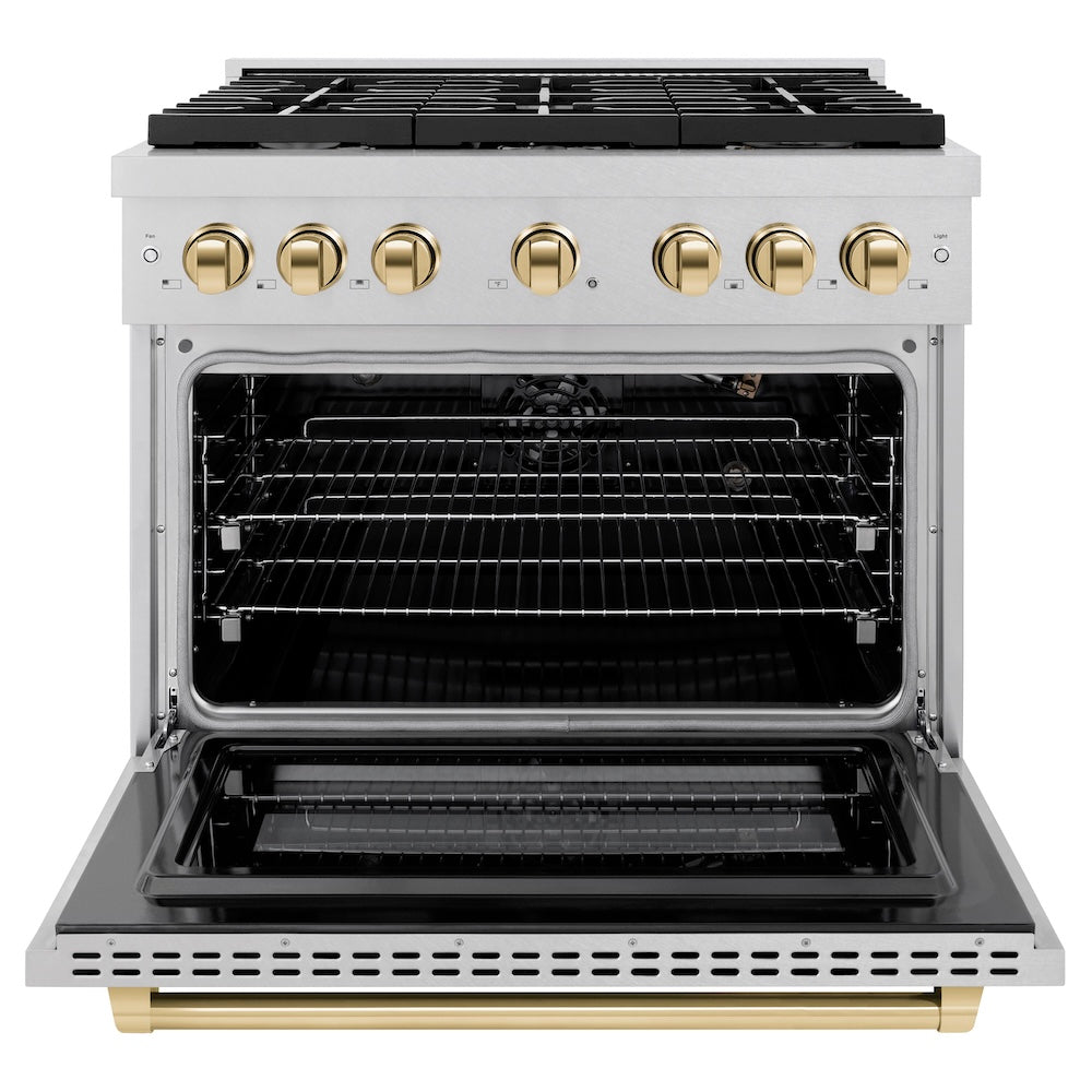 ZLINE Autograph Edition 36 in. 5.2 cu. ft. Paramount Gas Range with 6 Burner Cooktop and Convection Gas Oven in Satin Stainless Steel and Polished Gold Accents (SGRSZ-36-G) front, oven open.