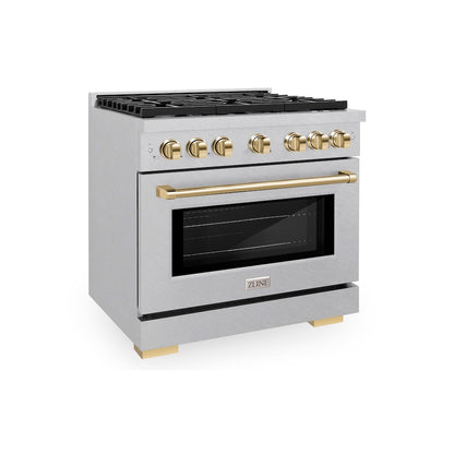 ZLINE Autograph Edition 36 in. 5.2 cu. ft. Paramount Gas Range with 6 Burner Cooktop and Convection Gas Oven in Satin Stainless Steel and Polished Gold Accents, Open Box-Good Condition
