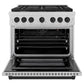 ZLINE Autograph Edition 36 in. 5.2 cu. ft. Paramount Gas Range with 6 Burner Cooktop and Convection Gas Oven in Satin Stainless Steel and Matte Black Accents (SGRSZ-36-MB) front, oven open.