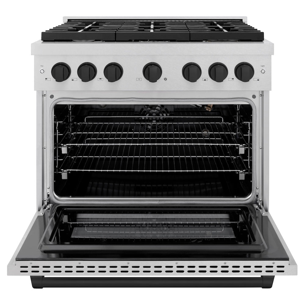 ZLINE Autograph Edition 36 in. 5.2 cu. ft. Paramount Gas Range with 6 Burner Cooktop and Convection Gas Oven in Satin Stainless Steel and Matte Black Accents (SGRSZ-36-MB) front, oven open.