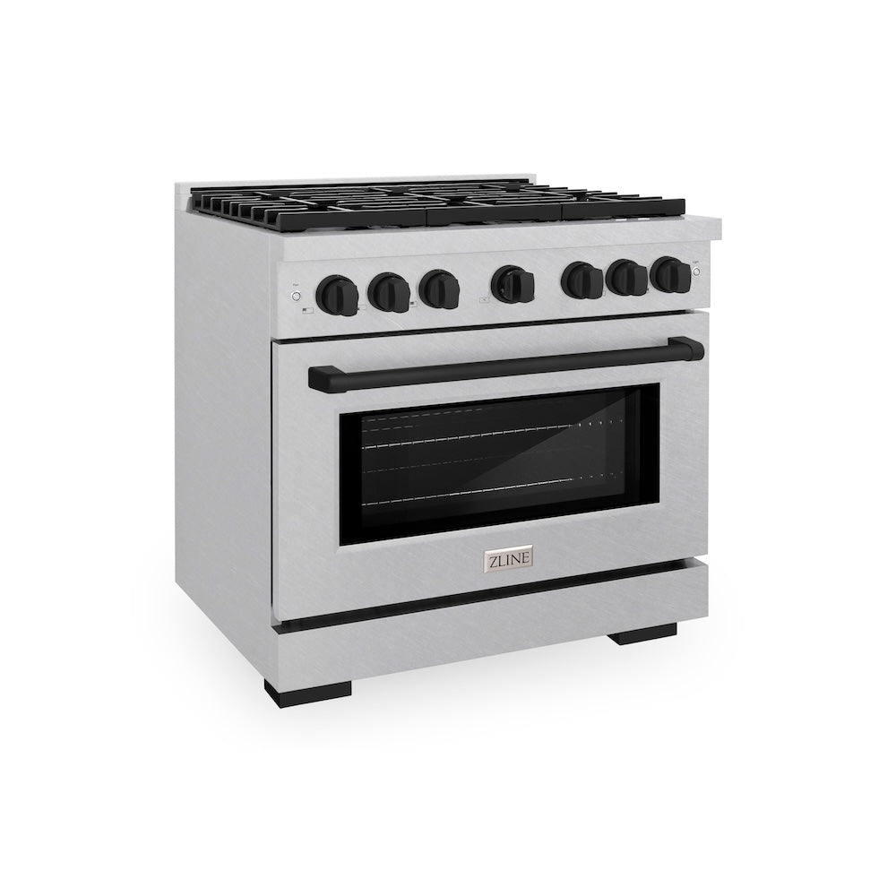 ZLINE Autograph Edition 36 in. 5.2 cu. ft. Paramount Gas Range with 6 Burner Cooktop and Convection Gas Oven in Satin Stainless Steel and Matte Black Accents (SGRSZ-36-MB) main image.