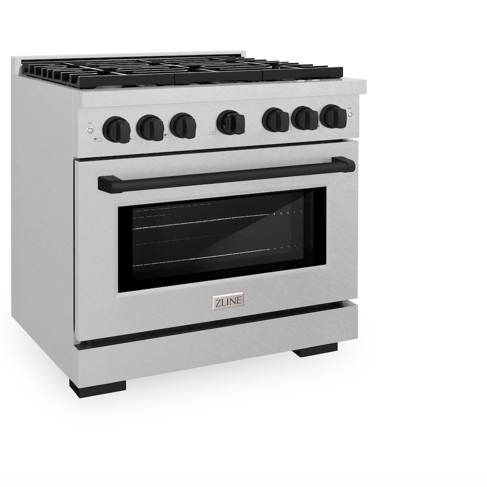 ZLINE Autograph Edition 36 in. 5.2 cu. ft. Paramount Gas Range with 6 Burner Cooktop and Convection Gas Oven in Satin Stainless Steel and Matte Black Accents (SGRSZ-36-MB) side.