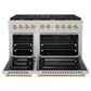 ZLINE Autograph Edition 48 in. 6.7 cu. ft. Paramount Double Oven Gas Range with 8 Burner Cooktop in Satin Stainless Steel and Champagne Bronze Accents (SGRSZ-48-CB) front, oven open.