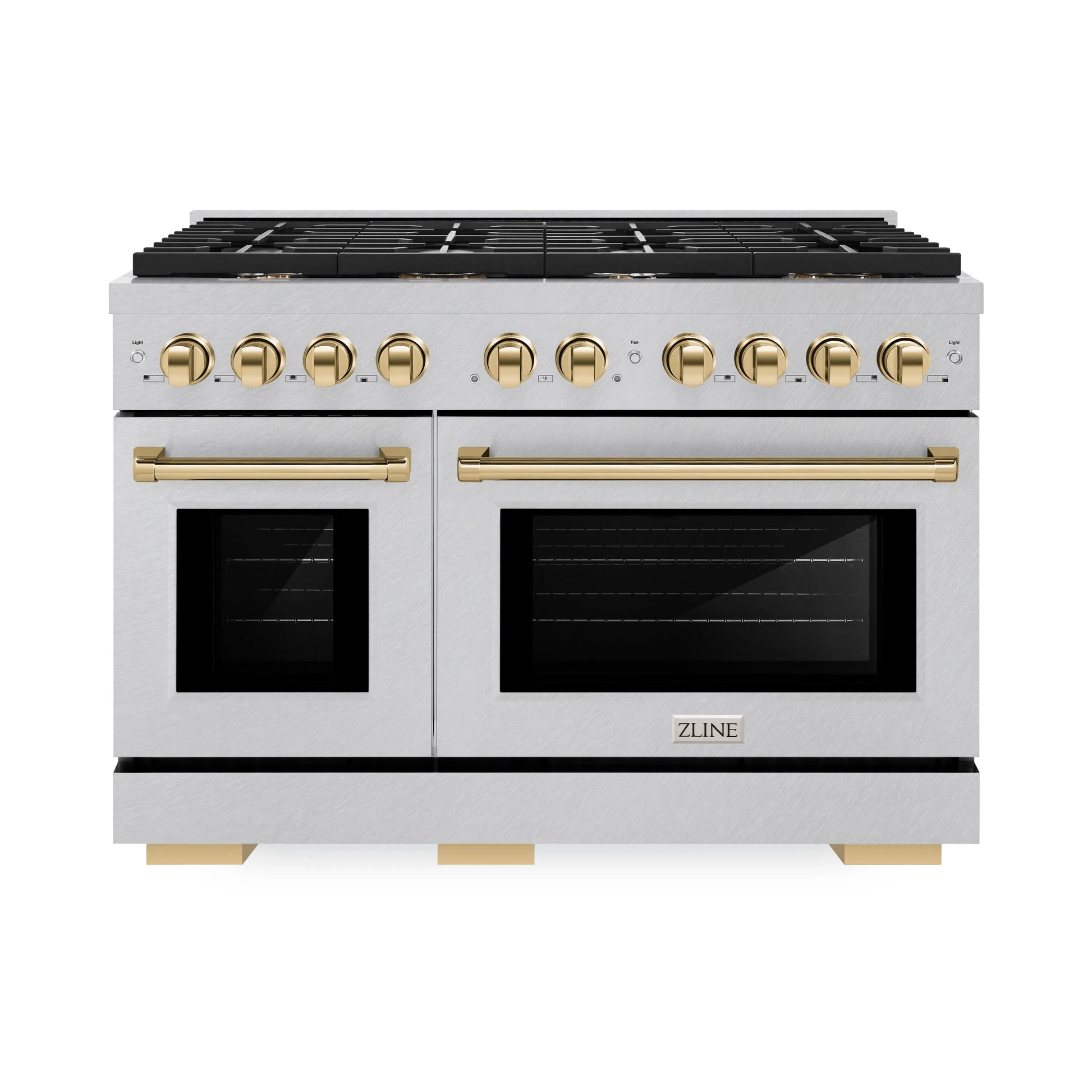 ZLINE Autograph Edition 48 in. 6.7 cu. ft. Paramount Double Oven Gas Range with 8 Burner Cooktop in Satin Stainless Steel and Polished Gold Accents, Open Box-Great Condition