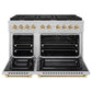 ZLINE Autograph Edition 48 in. 6.7 cu. ft. Paramount Double Oven Gas Range with 8 Burner Cooktop in Satin Stainless Steel and Polished Gold Accents (SGRSZ-48-G) front, oven open.