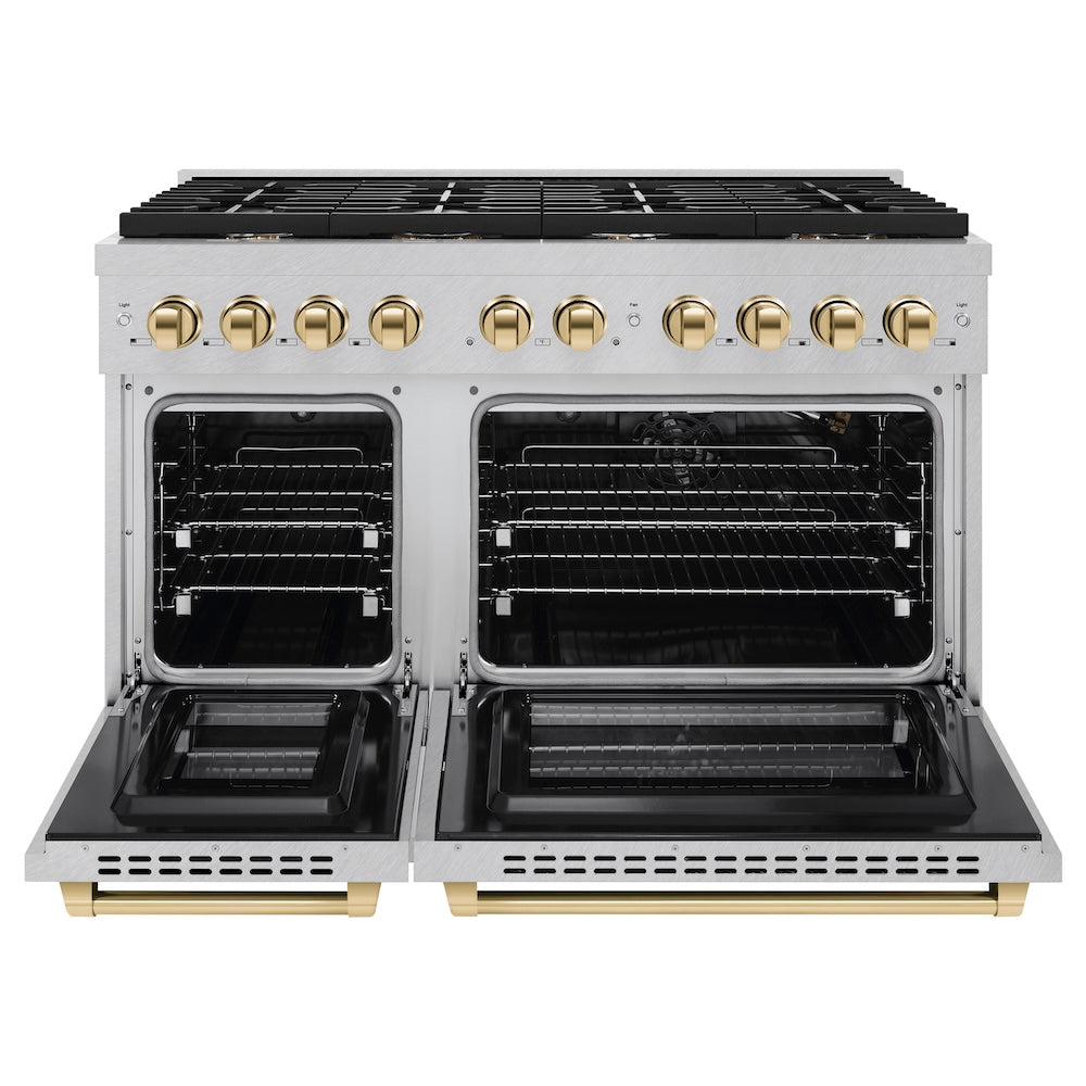 ZLINE Autograph Edition 48 in. 6.7 cu. ft. Paramount Double Oven Gas Range with 8 Burner Cooktop in Satin Stainless Steel and Polished Gold Accents (SGRSZ-48-G) front, oven open.