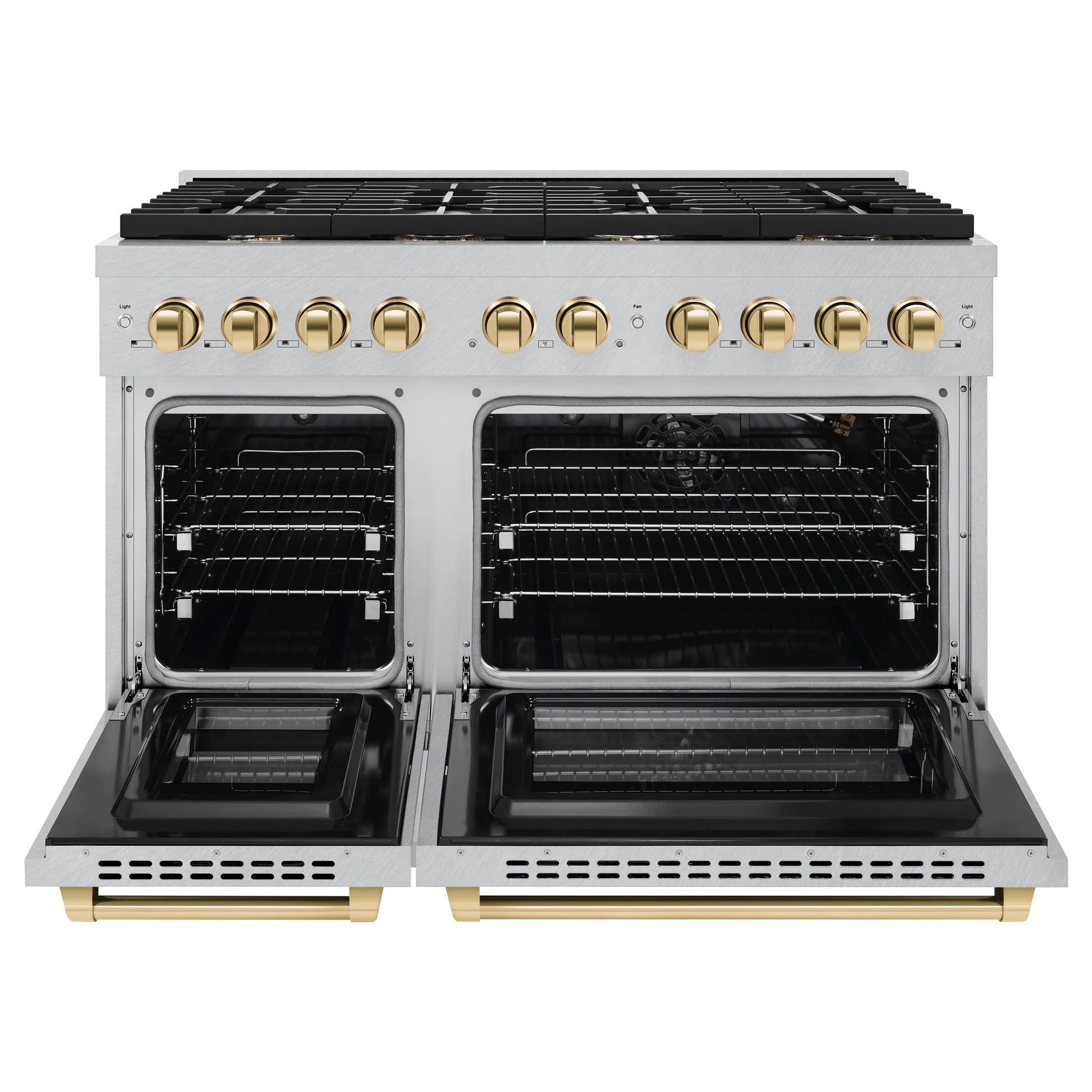 ZLINE Autograph Edition 48 in. 6.7 cu. ft. Paramount Double Oven Gas Range with 8 Burner Cooktop in Satin Stainless Steel and Polished Gold Accents, Open Box-Great Condition