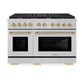 ZLINE Autograph Edition 48 in. 6.7 cu. ft. Paramount Double Oven Gas Range with 8 Burner Cooktop in Satin Stainless Steel and Polished Gold Accents (SGRSZ-48-G) front.