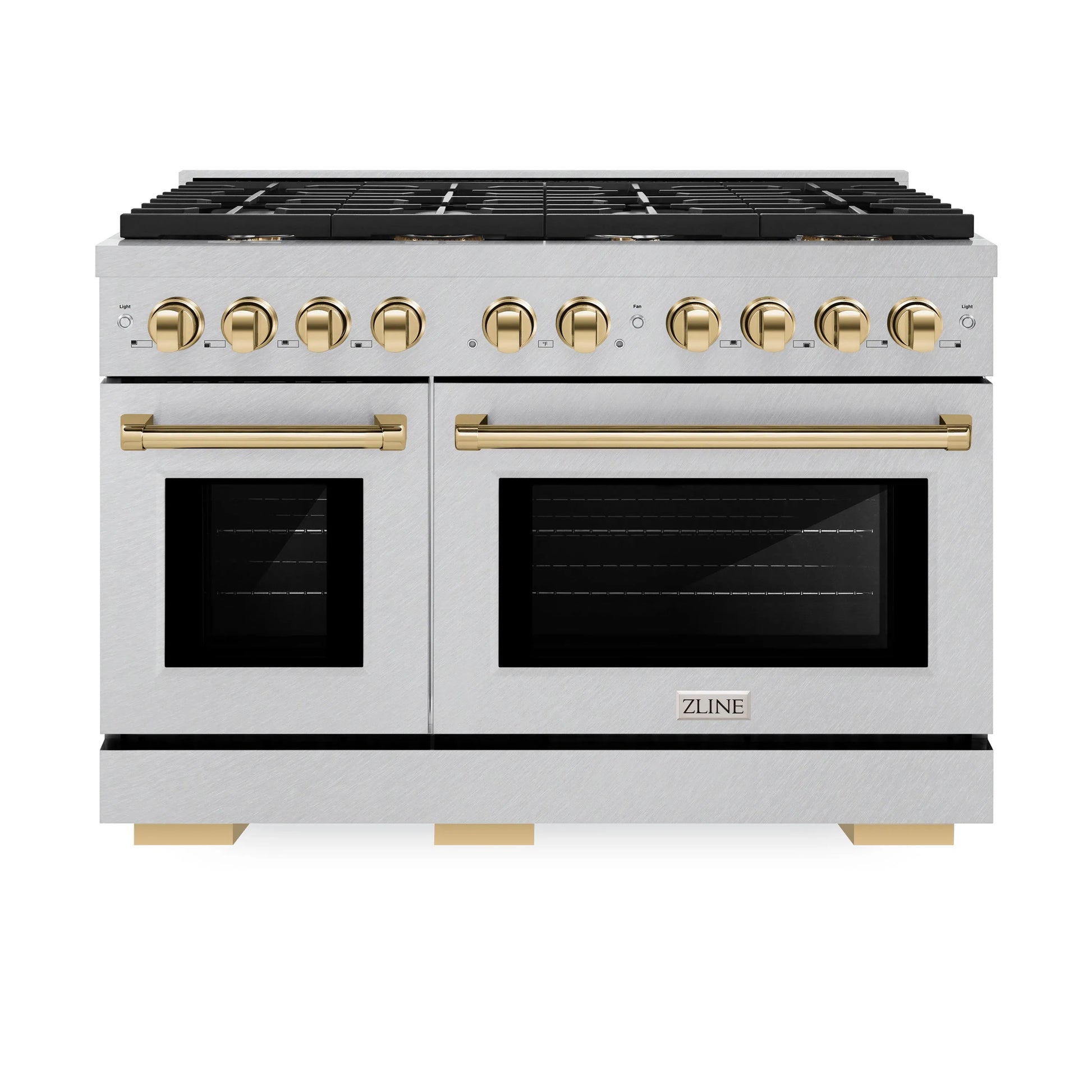 ZLINE Autograph Edition 48 in. 6.7 cu. ft. Paramount Double Oven Gas Range with 8 Burner Cooktop in Satin Stainless Steel and Polished Gold Accents, Open Box-Great Condition