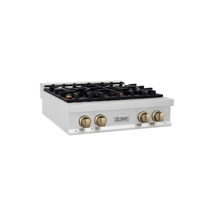 ZLINE Autograph Edition 30 in. Legacy Gas Rangetop with 4 Burners and Porcelain Cooktop in Satin Stainless Steel with Champagne Bronze Accents, Open Box-Good Condition