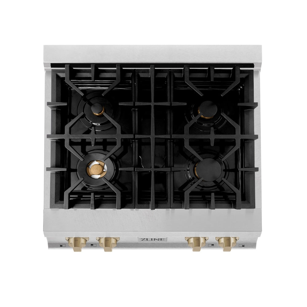 ZLINE Autograph Edition 30 in. Legacy Gas Rangetop with 4 Burners and Porcelain Cooktop in Satin Stainless Steel with Champagne Bronze Accents (RTSZ-30-CB) top-down, above cooktop.