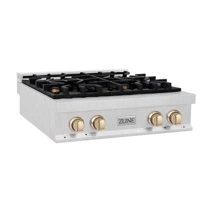 ZLINE Autograph Edition 30 in. Legacy Gas Rangetop with 4 Burners and Porcelain Cooktop in Satin Stainless Steel with Polished Gold Accents, Open Box-Good Condition