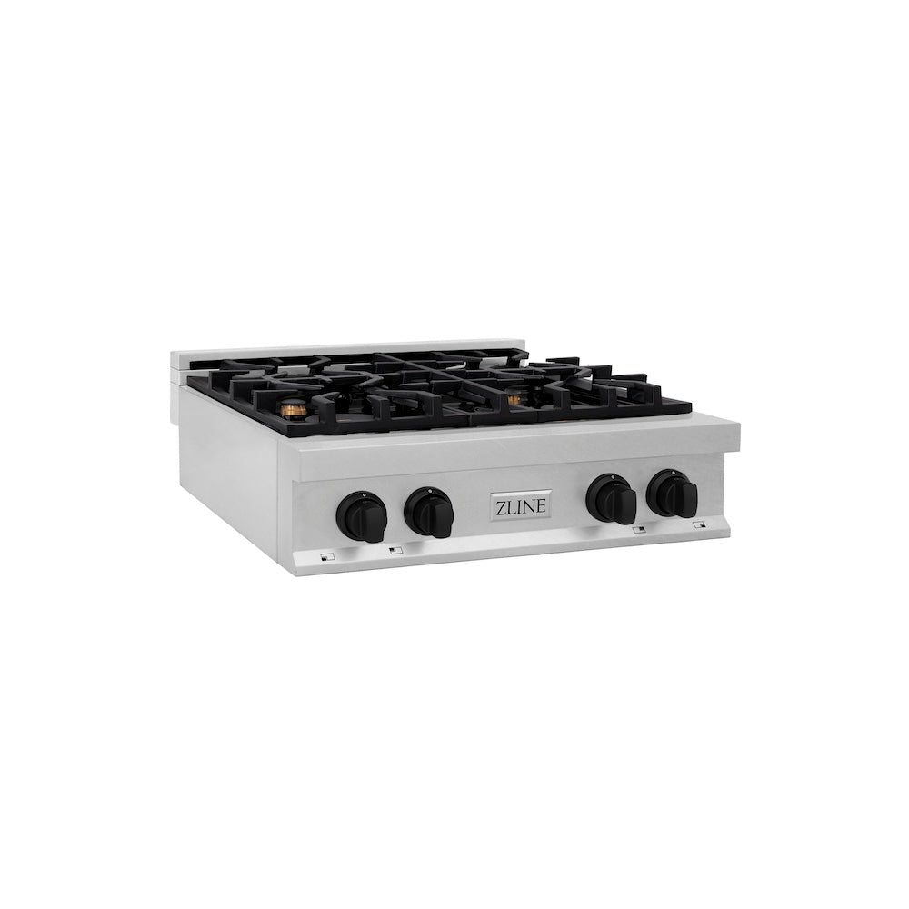 ZLINE Autograph Edition 30 in. Legacy Gas Rangetop with 4 Burners and Porcelain Cooktop in Satin Stainless Steel with Matte Black Accents (RTSZ-30-MB)