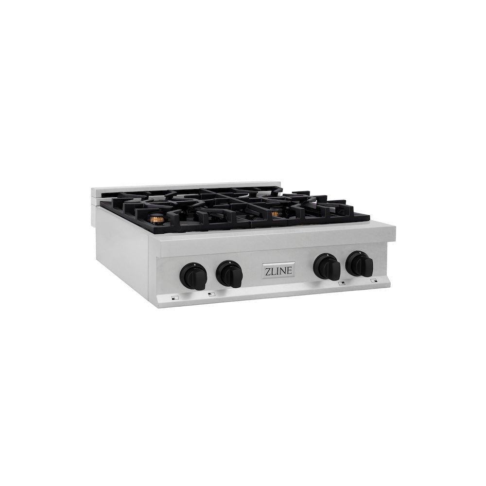 ZLINE Autograph Edition 30 in. Legacy Gas Rangetop with 4 Burners and Porcelain Cooktop in Satin Stainless Steel with Matte Black Accents, Open Box-Good Condition main image.
