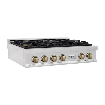 ZLINE Autograph Edition 36 in. Legacy Gas Rangetop with 6 Burners and Porcelain Cooktop in Satin Stainless Steel with Champagne Bronze Accents, Open Box-Good Condition