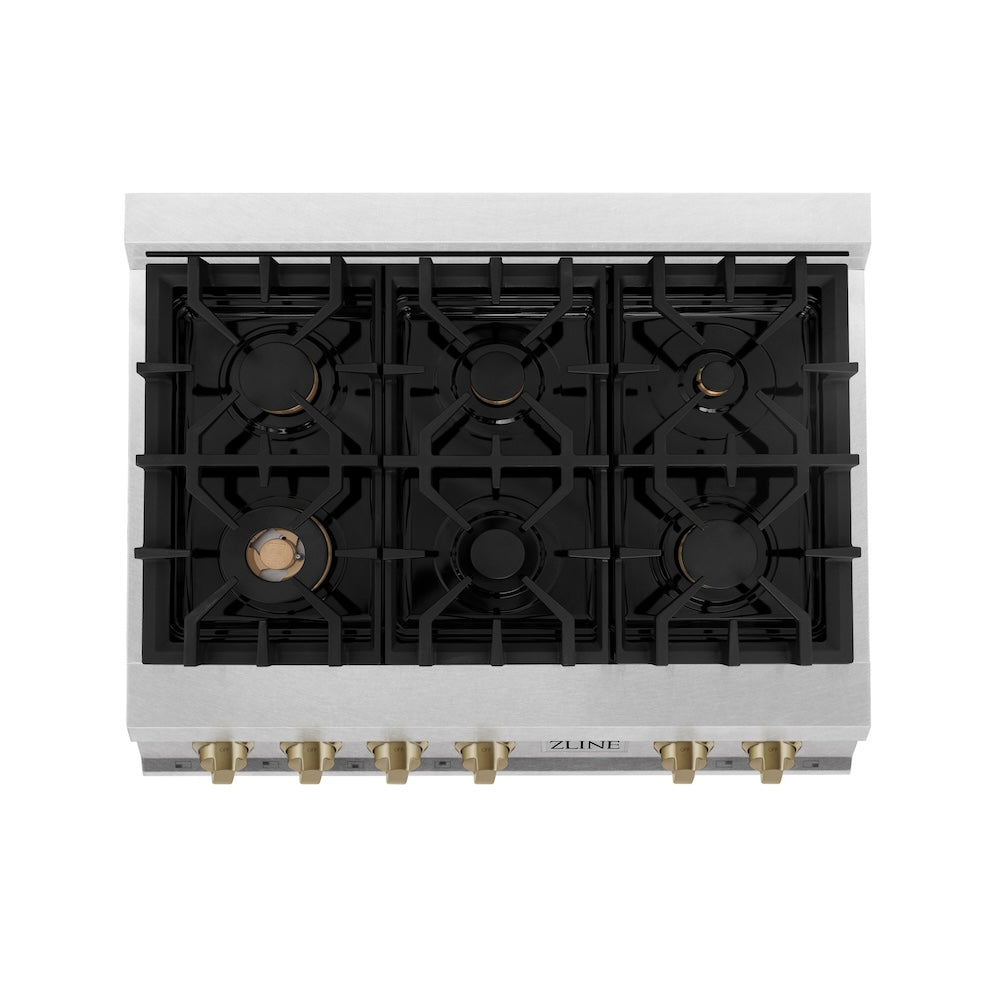 ZLINE Autograph Edition 36 in. Legacy Gas Rangetop with 6 Burners and Porcelain Cooktop in Satin Stainless Steel with Champagne Bronze Accents (RTSZ-36-CB) top-down, above cooktop.