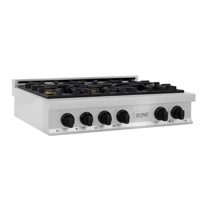 ZLINE Autograph Edition 36 in. Legacy Gas Rangetop with 6 Burners and Porcelain Cooktop in Satin Stainless Steel with Matte Black Accents (RTSZ-36-MB)