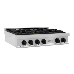 ZLINE Autograph Edition 36 in. Legacy Gas Rangetop with 6 Burners and Porcelain Cooktop in Satin Stainless Steel with Matte Black Accents, Open Box-Great Condition main image.