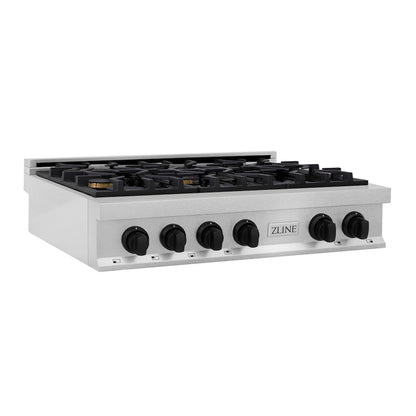 ZLINE Autograph Edition 36 in. Legacy Gas Rangetop with 6 Burners and Porcelain Cooktop in Satin Stainless Steel with Matte Black Accents, Open Box-Great Condition