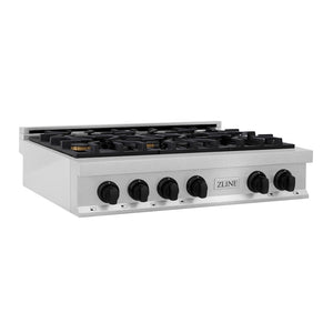 ZLINE Autograph Edition 36 in. Legacy Gas Rangetop with 6 Burners and Porcelain Cooktop in Satin Stainless Steel with Matte Black Accents, Open Box-Good Condition main image.