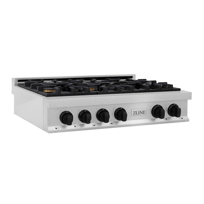 ZLINE Autograph Edition 36 in. Legacy Gas Rangetop with 6 Burners and Porcelain Cooktop in Satin Stainless Steel with Matte Black Accents, Open Box-Good Condition