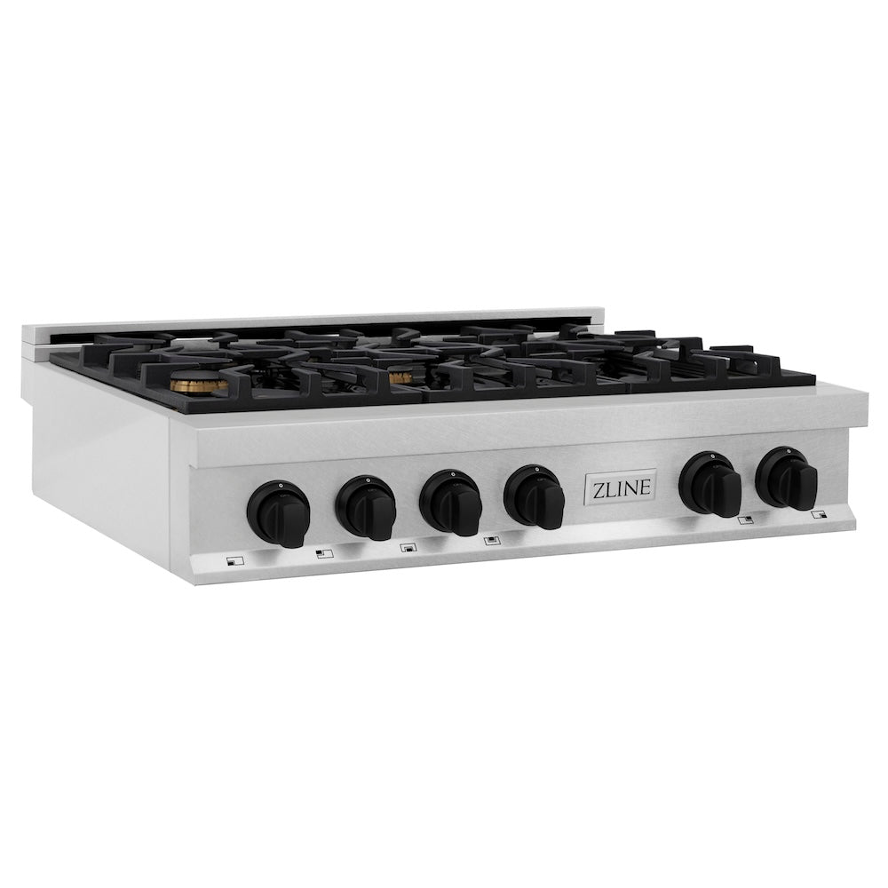 ZLINE Autograph Edition 36 in. Legacy Gas Rangetop with 6 Burners and Porcelain Cooktop in Satin Stainless Steel with Matte Black Accents (RTSZ-36-MB)