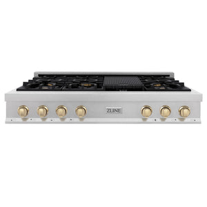 ZLINE Autograph Edition 48 in. Legacy Gas Rangetop with 7 Burners and Porcelain Cooktop in Satin Stainless Steel with Polished Gold Accents, Open Box-Great Condition