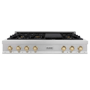 ZLINE Autograph Edition 48 in. Legacy Gas Rangetop with 7 Burners and Porcelain Cooktop in Satin Stainless Steel with Polished Gold Accents, Open Box-Good Condition