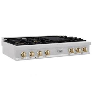 ZLINE Autograph Edition 48 in. Legacy Gas Rangetop with 7 Burners and Porcelain Cooktop in Satin Stainless Steel with Polished Gold Accents, Open Box-Good Condition main image.