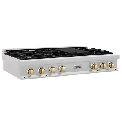 ZLINE Autograph Edition 48 in. Legacy Gas Rangetop with 7 Burners and Porcelain Cooktop in Satin Stainless Steel with Polished Gold Accents, Open Box-Good Condition
