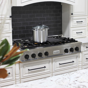 ZLINE Autograph Edition 48 in. Legacy Gas Rangetop with 7 Burners and Porcelain Cooktop in Satin Stainless Steel with Matte Black Accents (RTSZ-48-MB) in a kitchen with black tiled backsplash and white cabinets.