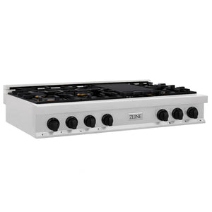 ZLINE Autograph Edition 48 in. Legacy Gas Rangetop with 7 Burners and Porcelain Cooktop in Satin Stainless Steel with Matte Black Accents, Open Box-Good Condition main image.