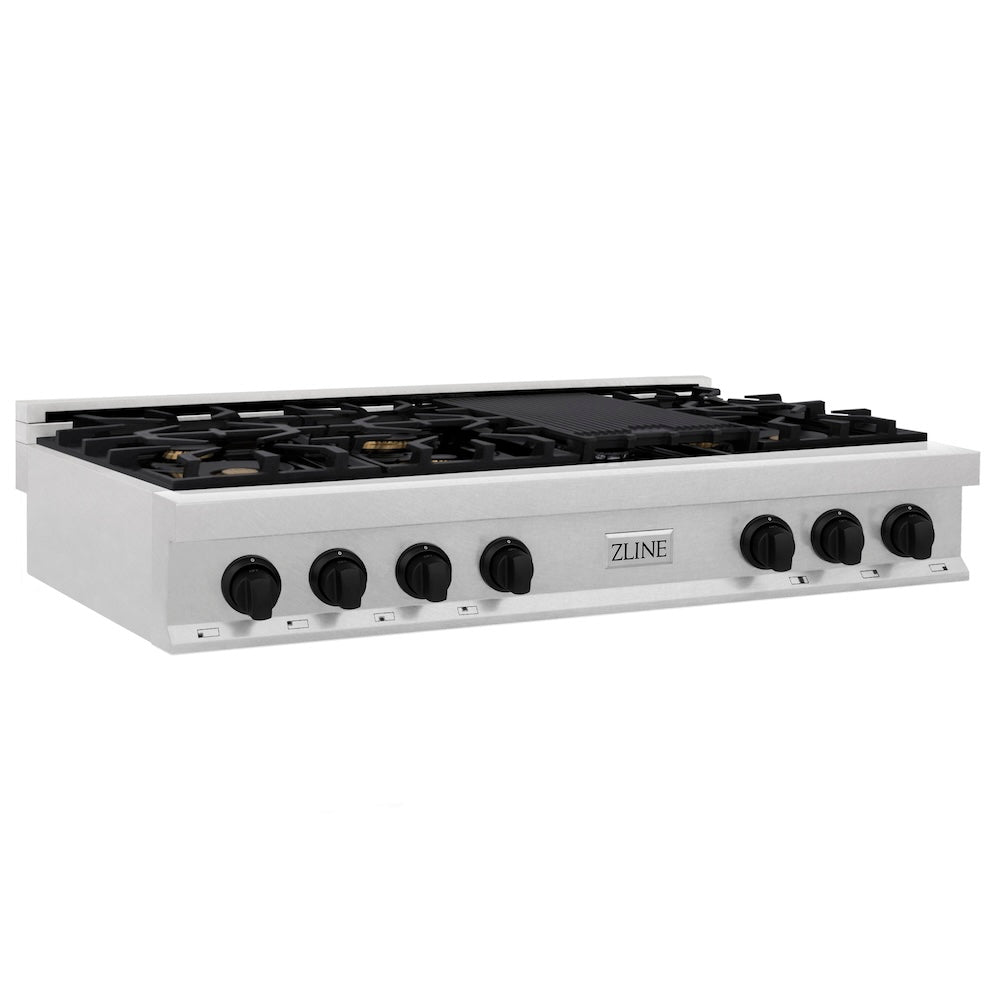 ZLINE Autograph Edition 48 in. Legacy Gas Rangetop with 7 Burners and Porcelain Cooktop in Satin Stainless Steel with Matte Black Accents (RTSZ-48-MB) main image.