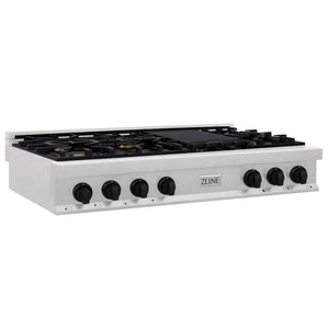 ZLINE Autograph Edition 48 in. Legacy Gas Rangetop with 7 Burners and Porcelain Cooktop in Satin Stainless Steel with Matte Black Accents, Open Box-Great Condition main image.