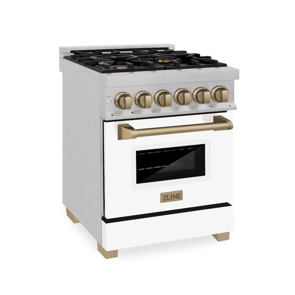 ZLINE Autograph Edition 24 in. 2.8 cu. ft. Legacy Dual Fuel Range with 4 Burner Gas Cooktop and Electric Convection Oven in Satin Stainless Steel with White Matte Door and Champagne Bronze Accents, Open Box-Great Condition main image.