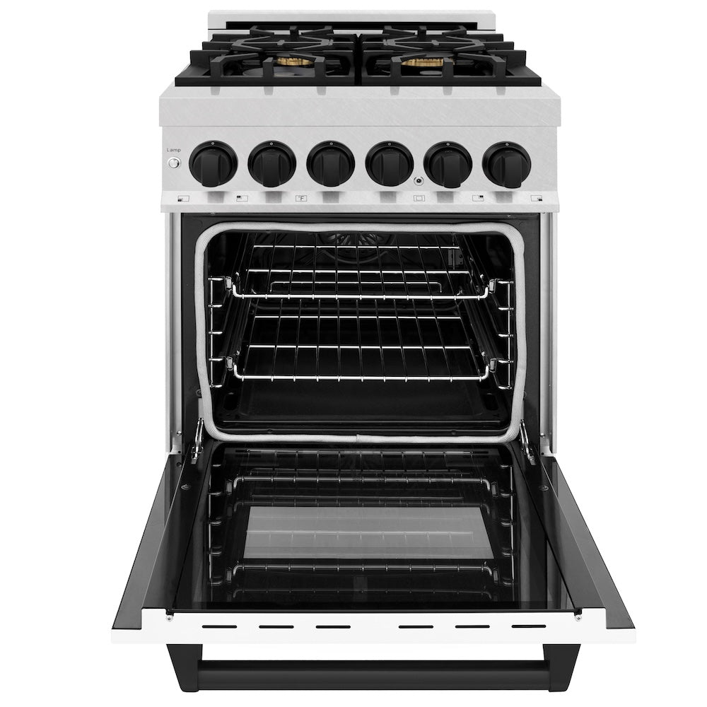 ZLINE Autograph Edition 24 in. 2.8 cu. ft. Legacy Dual Fuel Range with 4 Burner Gas Cooktop and Electric Convection Oven in Satin Stainless Steel with White Matte Door and Matte Black Accents, Open Box-Good Condition