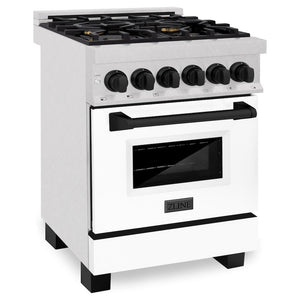 ZLINE Autograph Edition 24 in. 2.8 cu. ft. Legacy Dual Fuel Range with 4 Burner Gas Cooktop and Electric Convection Oven in Satin Stainless Steel with White Matte Door and Matte Black Accents, Open Box-Great Condition main image.