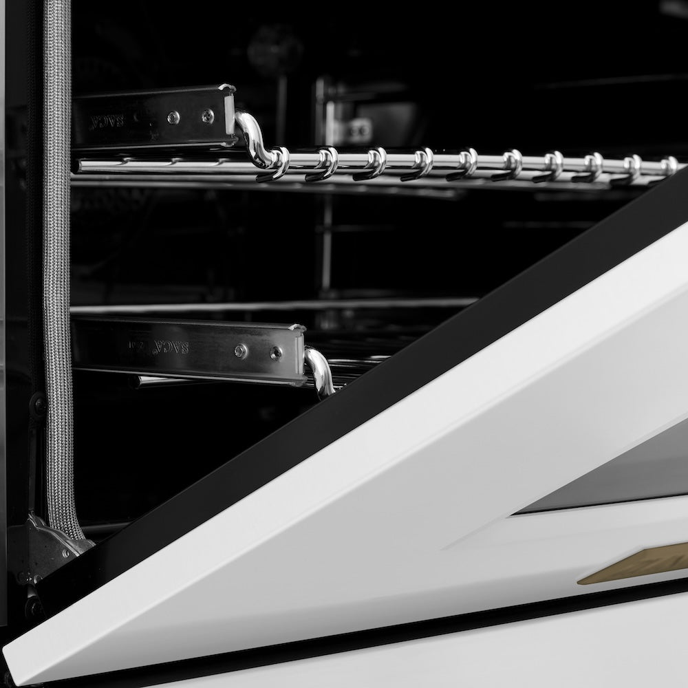 ZLINE Autograph Edition 30 in. 4.0 cu. ft. Legacy Dual Fuel Range with 4 Burner Gas Cooktop and Electric Convection Oven in Satin Stainless Steel with White Matte Door and Champagne Bronze Accents (RASZ-WM-30-CB)