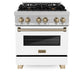 ZLINE Autograph Edition 30 in. 4.0 cu. ft. Legacy Dual Fuel Range with 4 Burner Gas Cooktop and Electric Convection Oven in Satin Stainless Steel with White Matte Door and Champagne Bronze Accents (RASZ-WM-30-CB) front.