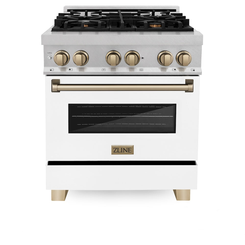 ZLINE Autograph Edition 30 in. 4.0 cu. ft. Legacy Dual Fuel Range with 4 Burner Gas Cooktop and Electric Convection Oven in Satin Stainless Steel with White Matte Door and Champagne Bronze Accents (RASZ-WM-30-CB) front.