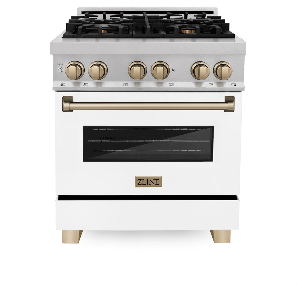 ZLINE Autograph Edition 30 in. 4.0 cu. ft. Legacy Dual Fuel Range with 4 Burner Gas Cooktop and Electric Convection Oven in Satin Stainless Steel with White Matte Door and Champagne Bronze Accents, Open Box-Good Condition