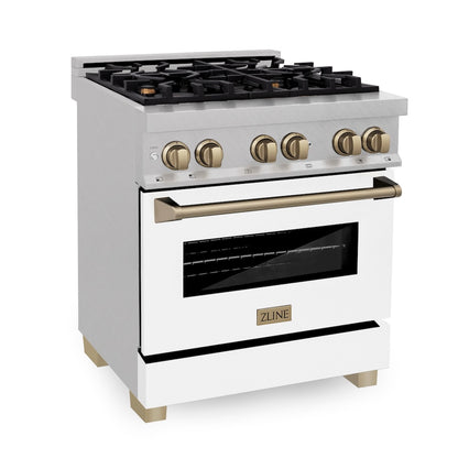 ZLINE Autograph Edition 30 in. 4.0 cu. ft. Legacy Dual Fuel Range with 4 Burner Gas Cooktop and Electric Convection Oven in Satin Stainless Steel with White Matte Door and Champagne Bronze Accents, Open Box-Good Condition