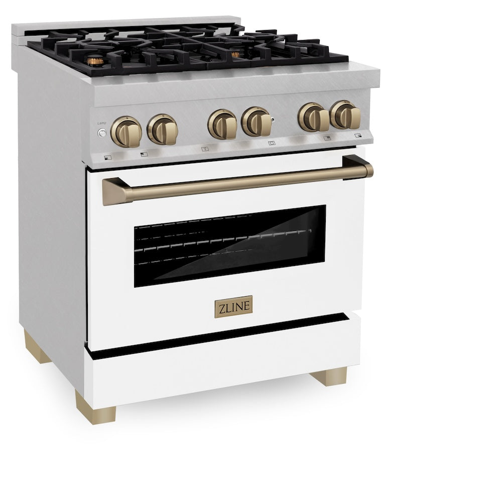 ZLINE Autograph Edition 30 in. 4.0 cu. ft. Legacy Dual Fuel Range with 4 Burner Gas Cooktop and Electric Convection Oven in Satin Stainless Steel with White Matte Door and Champagne Bronze Accents (RASZ-WM-30-CB) side.