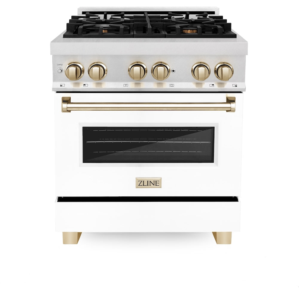 ZLINE Autograph Edition 30 in. 4.0 cu. ft. Legacy Dual Fuel Range with 4 Burner Gas Cooktop and Electric Convection Oven in Satin Stainless Steel with White Matte Door and Polished Gold Accents, Open Box-Good Condition
