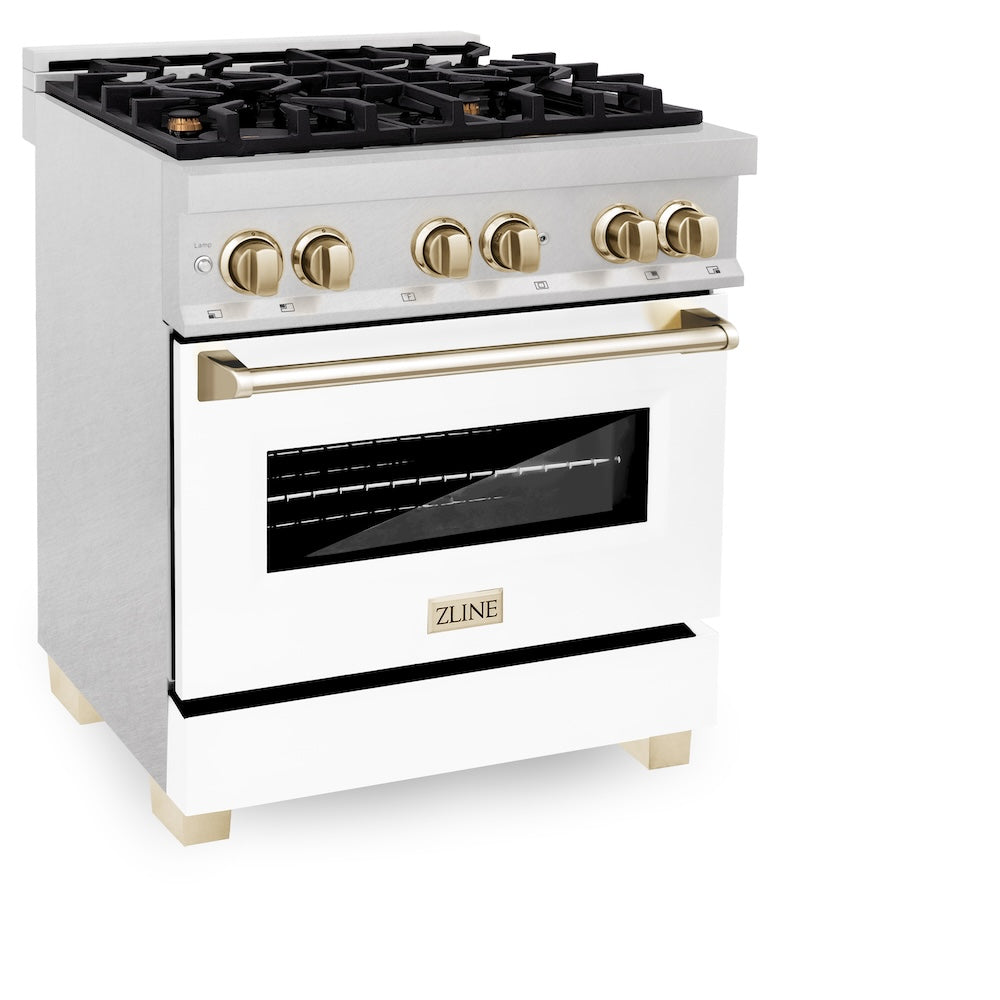 ZLINE Autograph Edition 30 in. 4.0 cu. ft. Legacy Dual Fuel Range with 4 Burner Gas Cooktop and Electric Convection Oven in Satin Stainless Steel with White Matte Door and Polished Gold Accents, Open Box-Good Condition