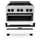 ZLINE Autograph Edition 30 in. 4.0 cu. ft. Legacy Dual Fuel Range with 4 Burner Gas Cooktop and Electric Convection Oven in Satin Stainless Steel with White Matte Door and Matte Black Accents (RASZ-WM-30-MB)