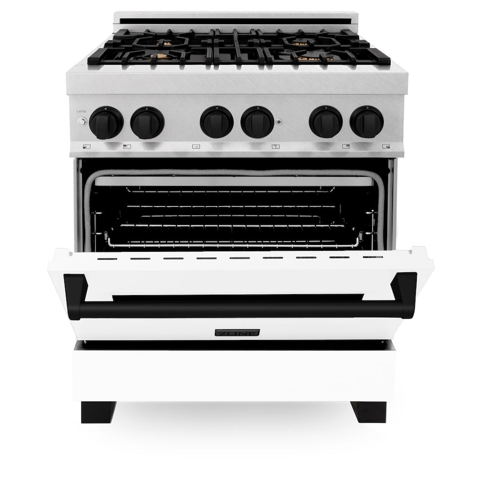 ZLINE Autograph Edition 30 in. 4.0 cu. ft. Legacy Dual Fuel Range with 4 Burner Gas Cooktop and Electric Convection Oven in Satin Stainless Steel with White Matte Door and Matte Black Accents, Open Box-Good Condition